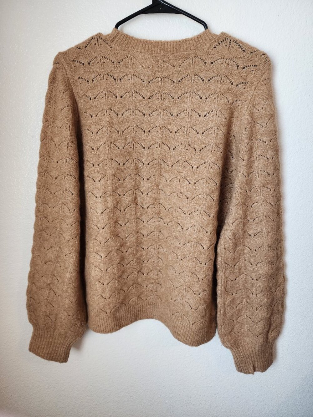 Loft Pointelle Scallop Knit Pullover Sweater Camel Tan M Neutral Minimalist - Picture 3 of 8